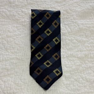 Ítalo Ferretti Black Silk Necktie Gold Brown Blue Square Geometric Design